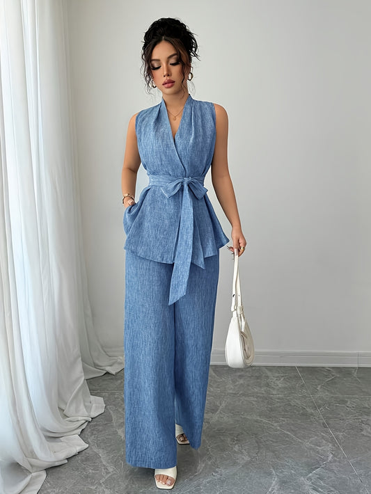 Women'S Elegant Two-Piece Summer Set - Sleeveless V-Neck Crop Top with Tie Detail & High-Waisted Wide-Leg Pants, Solid Color, Perfect for Spring/Summer, Casual Attire|Elegant Two-Piece Set|Polyester Fabric