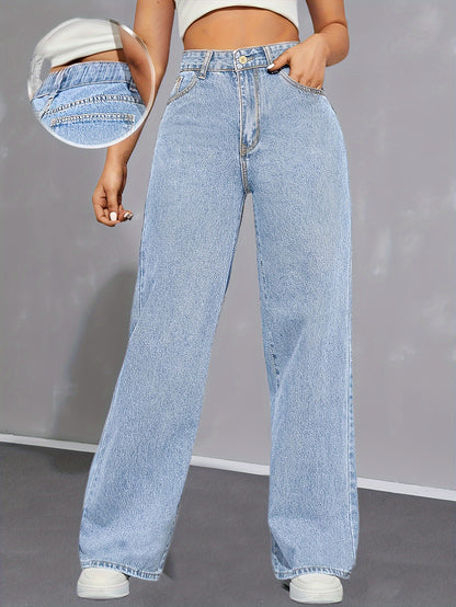 Women's High-Waist Light Blue Denim Wide-Leg Jeans with Elastic Waistband - Casual, Non-Stretch, Button Closure, Perfect for All Seasons