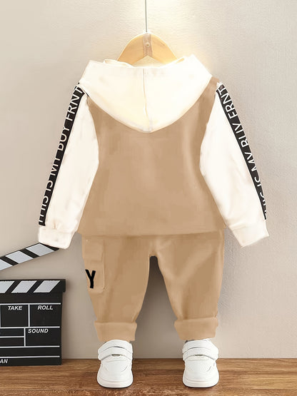 3pcs Boy's Letter Print Hoodie Outfits, Casual Hoodies Long Sleeve Pullover Hooded Sweatshirt & Pants & Vest Set, Ideal For Daily & Outdoor Wear