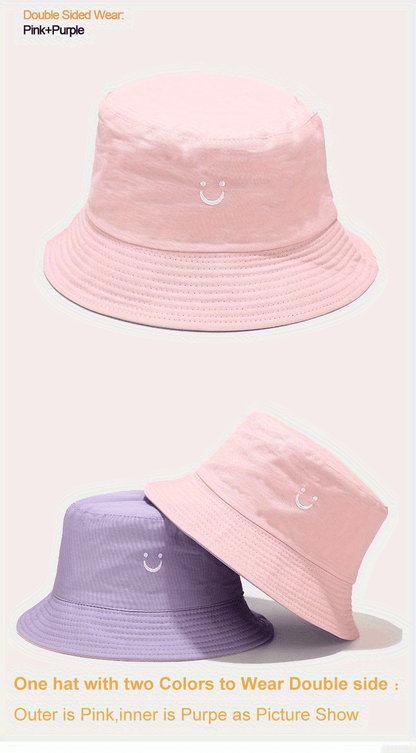 Unisex Black & White Fisherman Hat with joyful Face Embroidery - Double-Sided, Sporty Polyester Bucket Hat for Men and Women, Ideal for Outdoor Activities, Outdoor Hat | joyful Face Embroidery | Durable Headgear