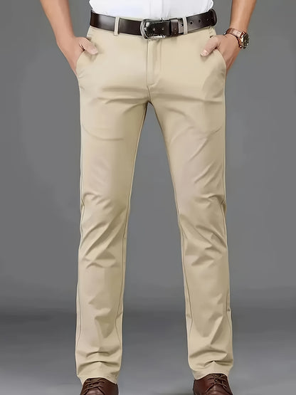 Men's Classic Business Dress Pants, Solid Color Casual Trousers, 100% Polyester, Regular Fit, with Zipper Fly, for Daily Wear and Gifting, All-Season, Allseason Trousers | Notch Lapel Design | Polyester Trousers