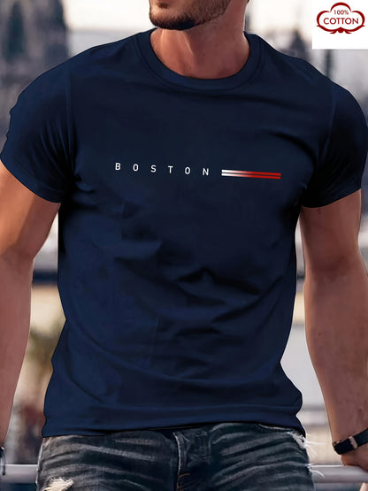 Men's Heavyweight 180gsm Cotton T-Shirt - Dark Gray Crew Neck Tee with Bold "Boston" Print, All-Season Everyday & Formal Shirt for Men - Machine Washable Luxury Casual Top, Versatile Clothing, Modern Design, Premium Fabric, S