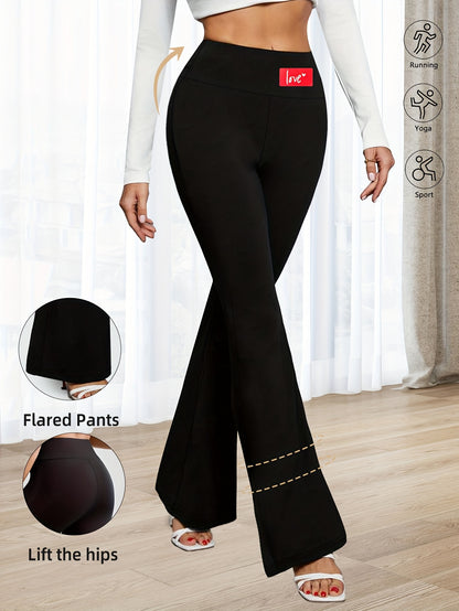 High-Waisted Flared Leggings for Women - Stretchy Black Polyester Pants with Tummy Control, Slimming Fit, and Breathable Design for Spring/Summer/Fall Casual Wear, Spring Summer Leggings | Fitted Leggings | Elastic Waistband
