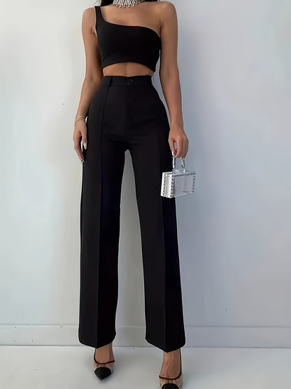 Elegant Women's Black Straight-Leg Pants - High-Waisted, Sleek Polyester, Machine Washable - Perfect for Professional & Social Events