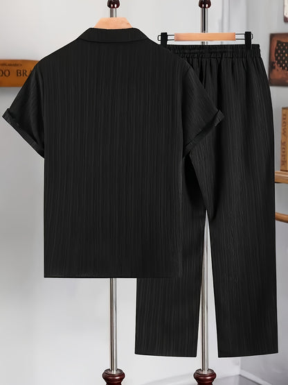 2pcs Men'S Casual Summer Set - Short Sleeve Button-Up Cuban Collar Shirt and Drawstring Waist Pants, Polyester Blend, Solid Color, Regular Fit, Breathable Fabric, Lightweight for Daily Wear