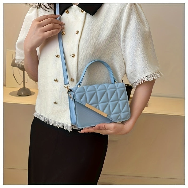 Diamond Quilted Pattern, Adjustable Shoulder Strap Fashion Small PU Crossbody Bag - White, Black, Khaki, Sky Blue, Messenger Bag, Lightweight, Removable Strap, Zipper Closure, Polyester Lining, No Printing, No Edge Paint