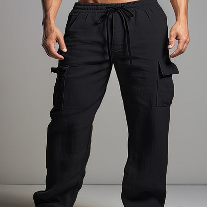Solid Retro Men's Cotton And Linen Drawstring Long Trousers With Multiple Pockets, Outdoor Daily