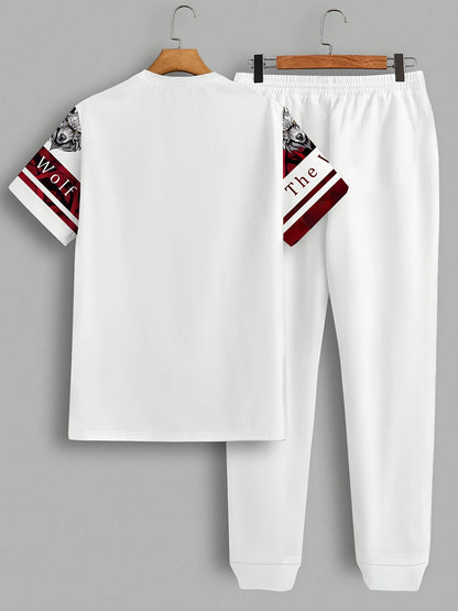 Men's polyester sportswear | Elegant and casual round neck with a Wolf head | Slightly elastic knitted strap with 3D printing | 2pcs set with normal style | Patterned short-sleeved T-shirt and trousers