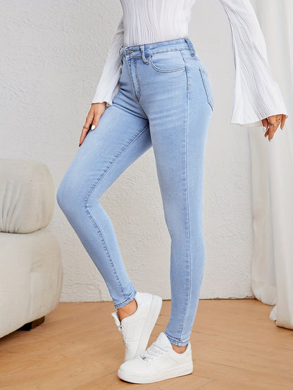 Women's Casual Plain Light Blue Skinny Jeans, Stretchy Denim Pants, Classic Design, High Waist Slim Fit For Everyday Fashion - Perfect For Fall & Winter