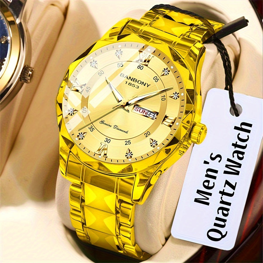 1pc Stainless Steel Strap Men'S Roman Numerals Dial Rhinestones Multifunctional Watch, Ideal for Birthday, Holiday Gifts Valentine'S Day
