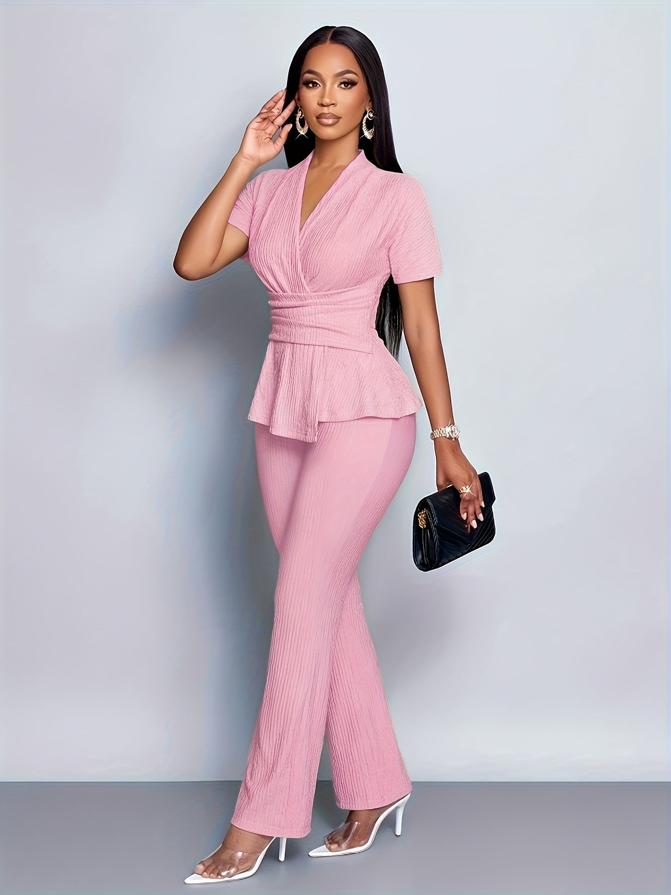 Women'S Elegant Casual Solid Color Textured Jumpsuit - Stylish Short Sleeve Top & Wide-Leg Pants, Perfect for All Seasons, Casual Attire|Textured Jumpsuit|Casual Style