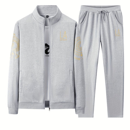 Men's Casual Print Sweatshirt & Joggers Set - Polyester, Stand Collar, Zip-Up Jacket for Spring/Fall