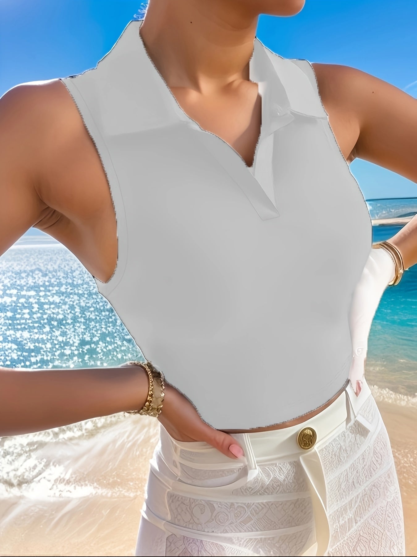 Women's Fashion Casual Sports Yoga Running Short Top with Elastic Neckline and Belly Button