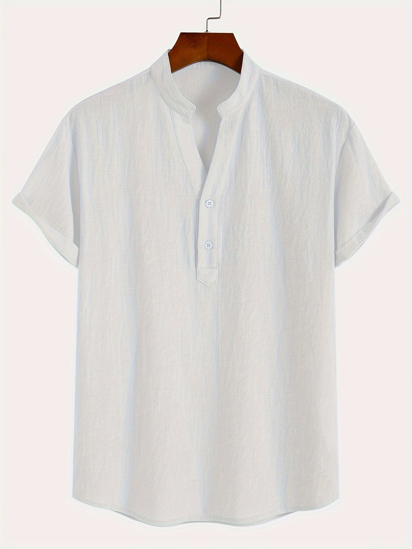 Men'S Classic Solid Color Pure Cotton And Bamboo Textured Breathable Fabric V-Neck Half-Button Design Suitable for Daily Casual Wear, Simple And Versatile, Stylish for Vacations, Hawaiian Style Light Blue Short-Sleeve Shirt.