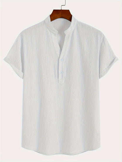 Men'S Classic Solid Color Pure Cotton And Bamboo Textured Breathable Fabric V-Neck Half-Button Design Suitable for Daily Casual Wear, Simple And Versatile, Stylish for Vacations, Hawaiian Style Light Blue Short-Sleeve Shirt.