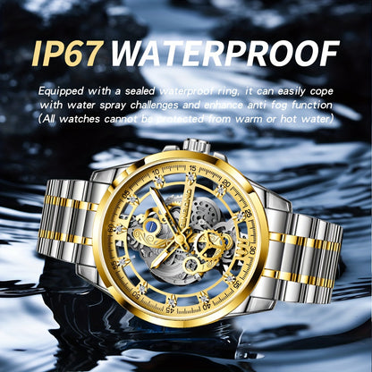 BINBOND Men's Sleek Golden-Tone Quartz Watch - Transparent Dual-Sided Hollow Design, Waterproof with Luminous Hands, Stainless Steel Band, Ideal Gift