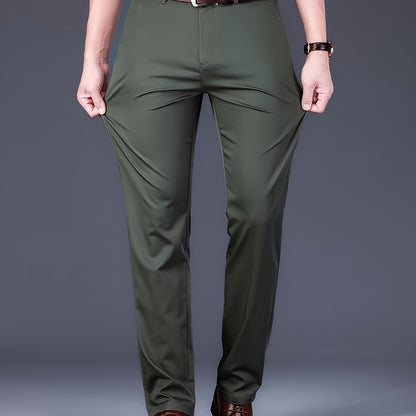 [Durable Build] Men's All-Season Casual Dress Pants - Business Style Stretch Trousers, Comfortable Classic Design, Light Brown Polyester Blend, Machine Washable, Smooth Finish, Regular Fit for Office or Leisure Wear