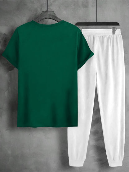 1set Men'S Casual Sportswear Set, Geometric Pattern Short Sleeve T-Shirt and Drawstring Joggers, Knitted Polyester and Elastane Blend, Round Neck, Regular Fit, Four Seasons Outfit
