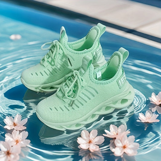 Youngsters' All-Season Breathable Running Shoes - Lightweight Mint Green Sneakers with Slip-On/Lace-Up Closure, Hollow-Out Design & MD Sole for Boys & Girls, Casual Training & Daily Wear, Kid Shoes, Sleek Sporty Design, Comfo