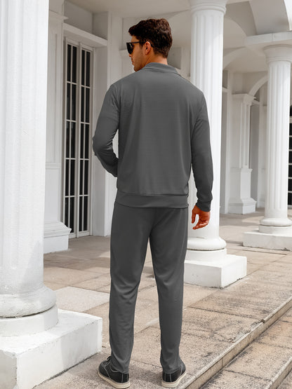 Men's Solid Waffle 2pcs Athletic Outfits, Zip-up Jacket & Pants co ord set for Outdoor Sports