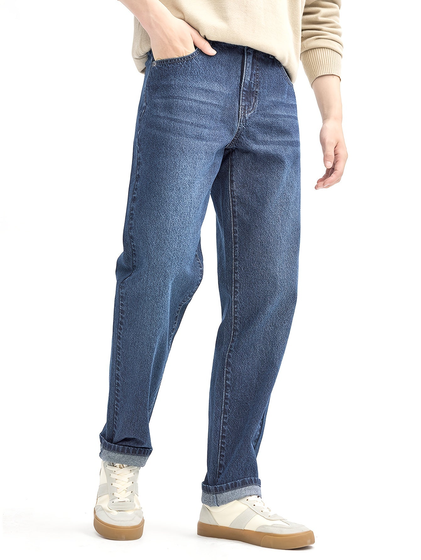 Men's Classic Straight-Leg Casual Jeans - Cotton Blend, Machine Washable, Non-Stretch Denim for All Seasons