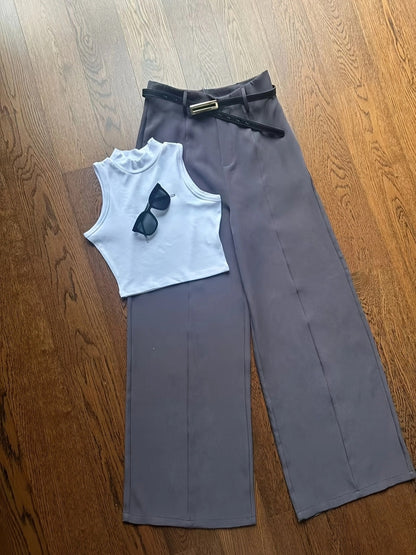 Summer Sexy Half-Turtleneck Sleeveless Vest + Versatile Western Flare Pants Set with Belt