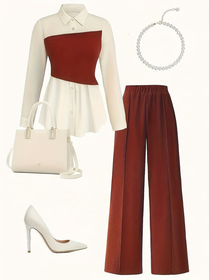 Elegant daily commuting two-piece set for ladies, featuring a color-blocked and pieced-together shirt and wide-leg trousers, suitable for all four seasons and machine washable.