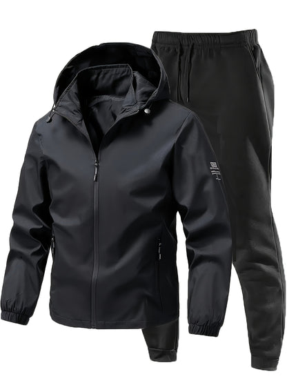 2pcs Men's Sporty Casual Jacket and Stretch Jogger Set, Spring/Autumn Fashion Hooded Jacket with Zipper Pockets, Windproof Outerwear and Black Stretch Joggers, Perfect for Outdoor Activities and Leisure Wear
