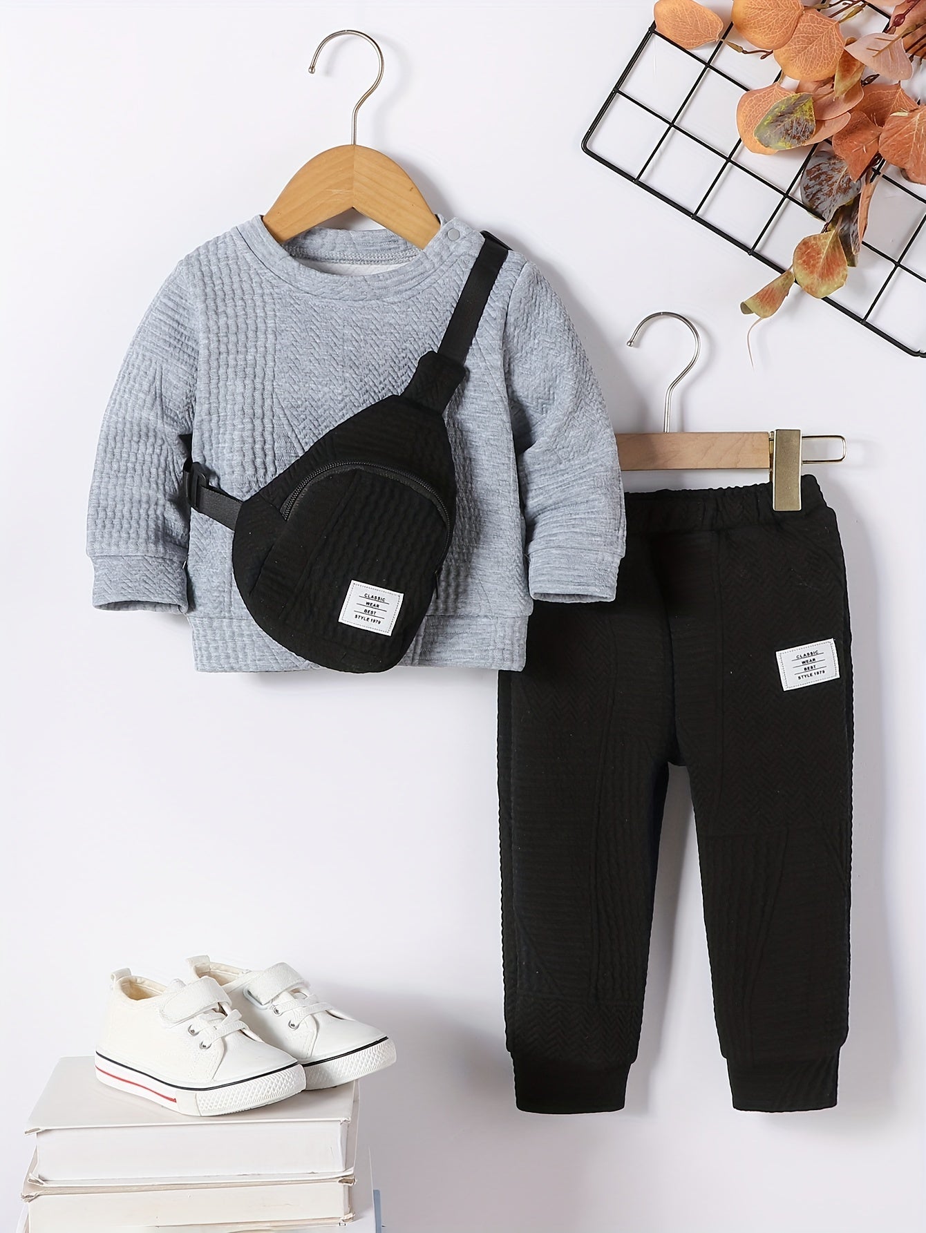 3pcs Set for Boys: New Autumn Shoulder Button Plain Round Neck Sweater, Trousers and Crossbody Bag, Casual and Fashionable Three-piece Set