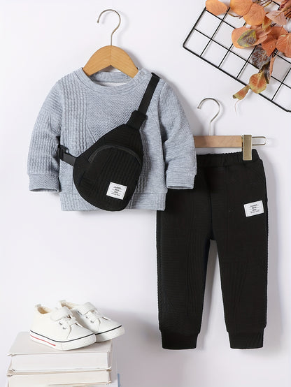 3pcs Set for Boys: New Autumn Shoulder Button Plain Round Neck Sweater, Trousers and Crossbody Bag, Casual and Fashionable Three-piece Set
