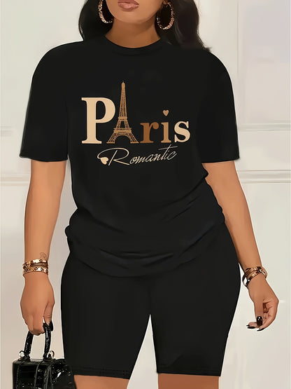 Women's Paris Romantic Graphic Print T-Shirt - Black & Golden Eiffel Tower Design, Short Sleeve Crew Neck Casual Top, Breathable Summer & Spring Tee, Machine Washable, Everyday Fashion, Fashionable Casualwear, Relaxed Fit Shi