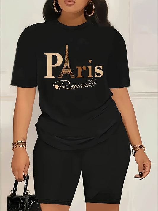 Women's Paris Romantic Graphic Print T-Shirt - Black & Golden Eiffel Tower Design, Short Sleeve Crew Neck Casual Top, Breathable Summer & Spring Tee, Machine Washable, Everyday Fashion, Fashionable Casualwear, Relaxed Fit Shi