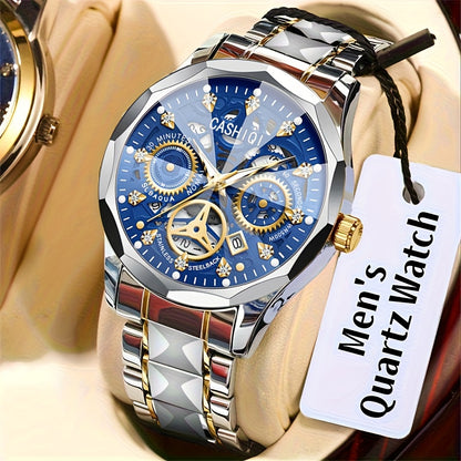 CASHIQI Brand Men'S Steel Strap Quartz Watch with Rhombus Dial, Sparkling Decoration, Calendar, And Luminous Display, IPX7 Waterproof Hollow Quartz Watch for Business, Travel, And Casual Wear - A Perfect Gift Choice.