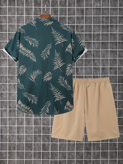 2-piece Men's Holiday Style Summer Outfit Set, Leafs Pattern Print Short Sleeve Button Up Lapel Shirt Top & Solid Drawstring Shorts With Pockets