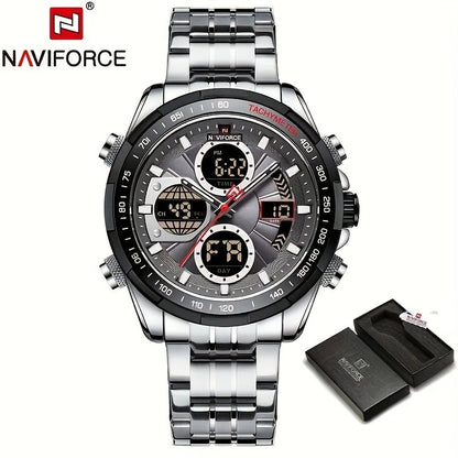 NAVIFORCE Men's Luxury Sports Quartz Watch - Waterproof, Genuine Leather Strap, Dual Display with Date & Chronograph Functions, Case, Green Accents, Luxury Timepiece|Tachymeter Equipped|Genuine Leather Band Valentine's Day