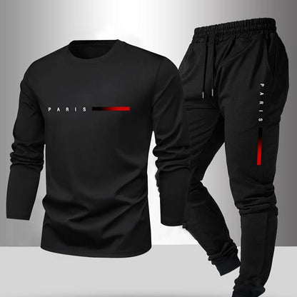 Men's Long Sleeve T-shirt and Pants Set, Spring/Autumn 2pcs set with Paris letter print round neck long sleeve T-shirt + drawstring outdoor casual sports pants set of 2