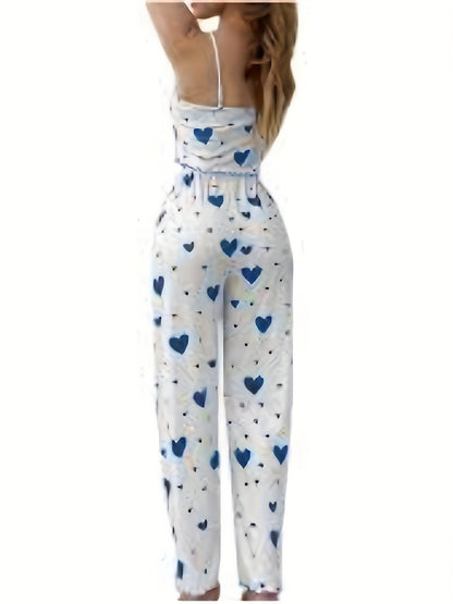 2024 Autumn Women'S Sexy Heart Print Spaghetti Strap Pajama Set - Sleeveless Striped Lounge Wear with Ribbed Detail, Perfect for Fall and Spring, Casual Attire|Heart Print Top|Strapless Desig