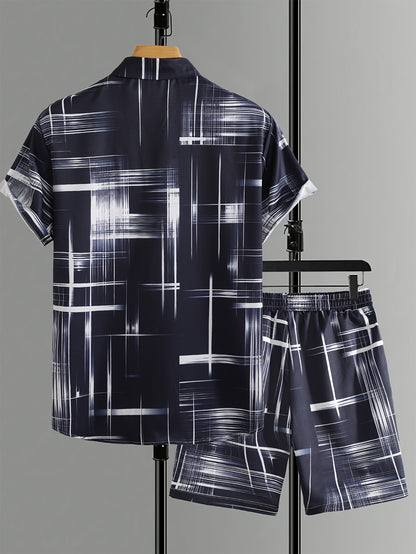 Men'S Stylish Gradient Shirt Set - Brown & White Geometric Pattern, Short Sleeve with Pocket, Loose Fit Shorts, Perfect for Beach, Camping, Fishing & Outdoor Activities, Casual Attire|Geometric Pattern Shirt|Woven Fabri