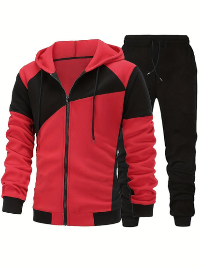 Men's Autumn Color-Blocked Zip-Up Hoodie with Side Pockets And Solid Color Drawstring Long Pants Set.