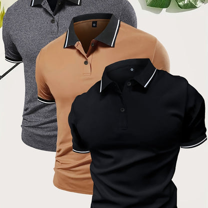 3Pcs Breathable Regular Fit Golf Shirt, Men's Casual V-Neck T-Shirt Short Sleeve For Summer, Men's Clothing