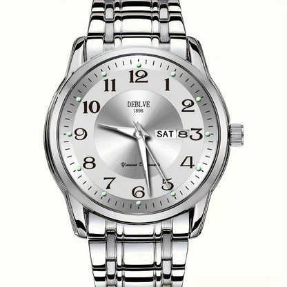 DEBLVE Men'S Fashionable Stainless Steel Watch with Luminous Numbers, Calendar & Week Display - Quartz Movement, Business Style, Ideal for Travel & Daily Use