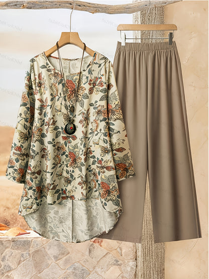 Elegant Floral Print Blouse & High-Waisted Pants Set - Chic Long Sleeve Top with Ruffled Hem, Button Details & Lace Trim, Beige Wide-Leg Pants for Women - Perfect for Spring/Summer, Floral Print Blouse