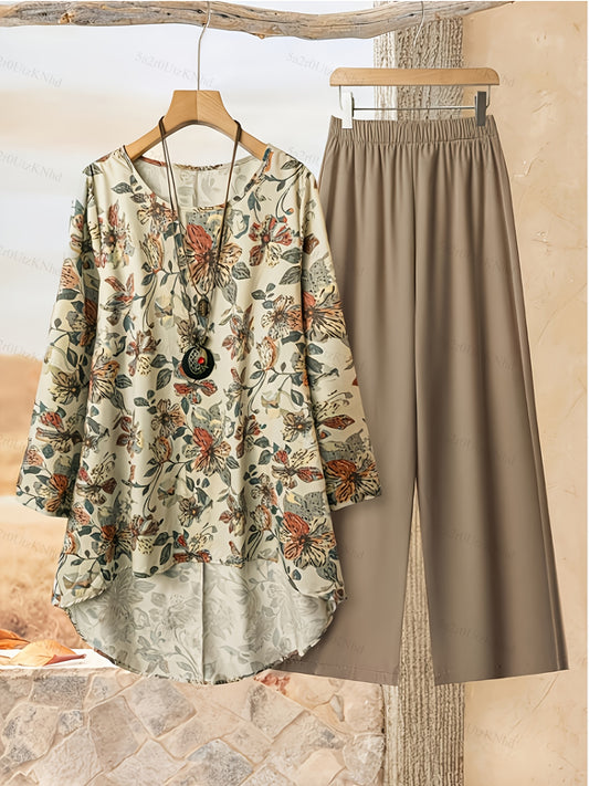Elegant Floral Print Blouse & High-Waisted Pants Set - Chic Long Sleeve Top with Ruffled Hem, Button Details & Lace Trim, Beige Wide-Leg Pants for Women - Perfect for Spring/Summer, Floral Print Blouse