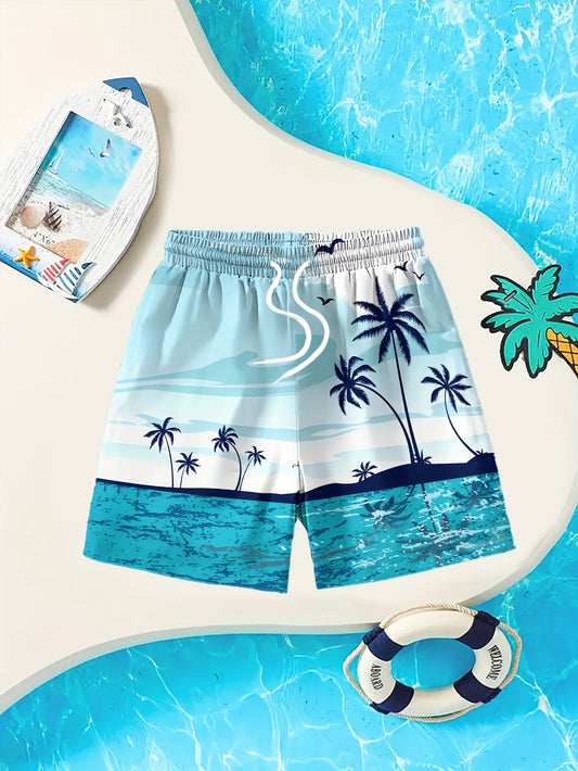 Boys' Tropical Beach Print Swim Shorts - Quick-Dry, Breathable Polyester with Elastic Waistband & Drawstring, Light Blue Palm Tree Design for Summer Fun & Surfing, Beach Shorts, Quickdry Fabric, for Outdoor