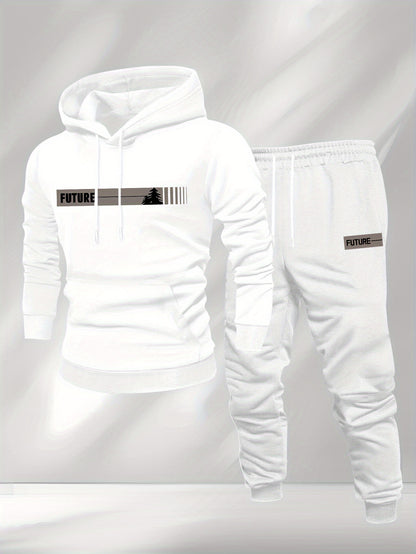 New Autumn and Winter Men's Fleece-Lined Hooded Sweatshirt Set with Print, Long-Sleeve Hoodie and Drawstring Pants for Couples