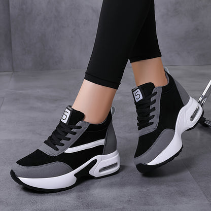 Women's Lace-up Front Chunky Sneakers With Air Cushion, Fashion Platform Sneakers With Hidden Heel For Outdoor Walking
