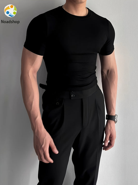 Men's Slim Fit Breathable Ribbed Crew Neck T-Shirt - Short Sleeve, Summer Casual & Sporty Top, Comfortable Stretch Fabric, Solid Color, Machine Washable, Sporty Tshirt | Crew Neck Top | Ribbed Texture