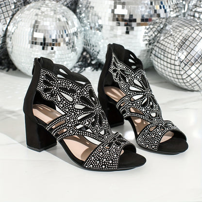 Elegant Black Floral Cut-Out High Heel Sandals for Women - Round Toe Block Heel with Zipper Closure, Ankle Strap, and Rhinestone Embellishments, Perfect for Parties and Formal Events, Formal Footwear | Floral Embellished Shoe