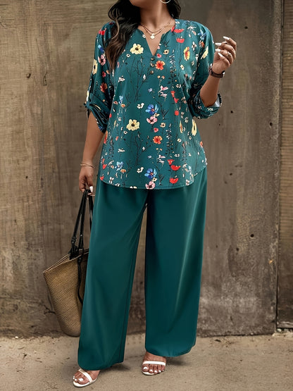 Plus Size, Oriented - Plus Size Women's Vacation Style Floral Shirt and Pants Set