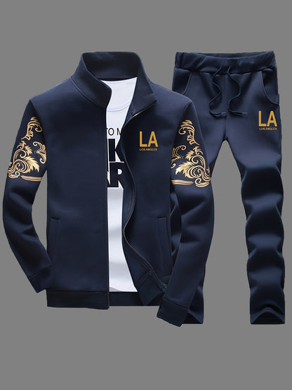 Men's Casual 2-Piece Outfit, Stylish Printed Full Zip Jacket & Drawstring Pants, Casual Sportswear Suit